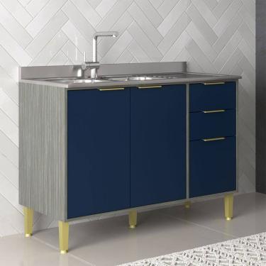 Imagem de Balcão de Cozinha para Pia 120 Cm Domus 2 Portas 3 Gavetas Silver/Royal - Hecol Móveis