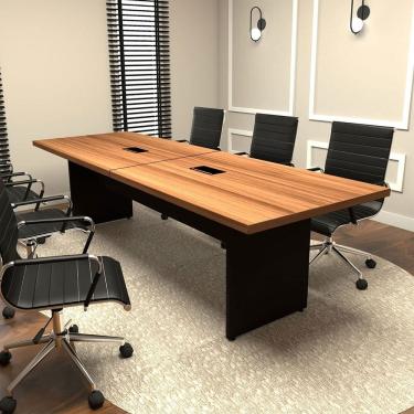 Imagem de Mesa Reunião Escritório Tampo Bipartido 2,70m com 2 Caixas de Tomadas e Pés Painel Corp...