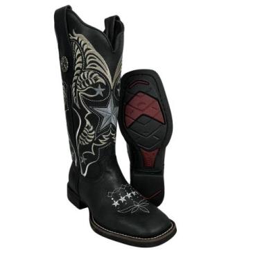 Imagem de Bota Texana Feminina Vimar Bico Quadrado Fóssil Preto Com Bordado Bran