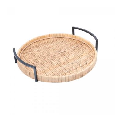 Imagem de Bandeja Redonda Bali para Servir Decorar e Organizar Fibra Natural Trançada à Mão com Alça 37,5x35cm Wolff