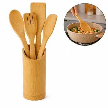 Imagem de Jogo de Cozinha Casita 5 Peças em Bambu Natural com Porta Utensílios Organizador para Cozinha Amadeirado Yeet