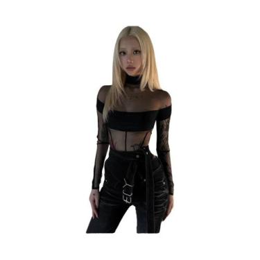 Imagem de Body Feminino Sexy Transparente De Malha Com Manga Comprida E Patchwor