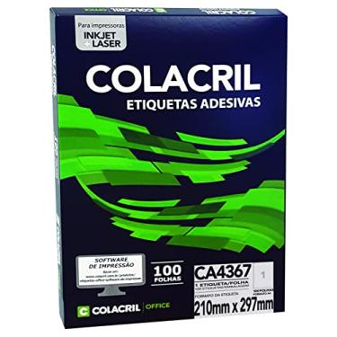 Imagem de Etiqueta Adesiva Colacril, Ink-Jet/Laser A4, CA4367, Branco, 210 x 297 mm, envelope com 100 fls-100 etiquetas
