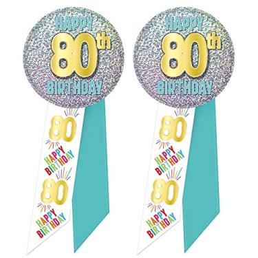 Imagem de Beistle 2 peças Happy 80th Birthday Button pins Wearable Rosettes para lembrancinhas de festa comemorativas, 14 x 5 cm, multicolorido