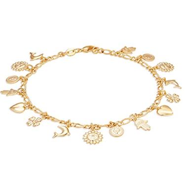 Imagem de Barzel Tornozeleira com pingente de coração, golfinho, sol e Hamsa banhado a ouro 18K - Feita no Brasil