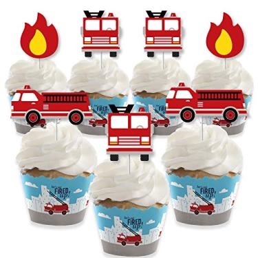 Imagem de Big Dot of Happiness Caminhão de bombeiros Fired Up – Decoração de cupcake – Kit de embalagens de cupcake para chá de bebê ou festa de aniversário – Conjunto com 24