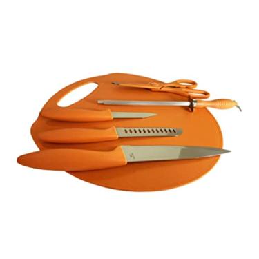 Imagem de Conjunto Tábua Com Facas Chaira E Tesoura Culinária 6 Peças Laranja