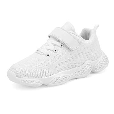 Imagem de Casbeam Tênis infantil respirável de malha leve fácil caminhada casual esportivo com alça esportiva para meninos e meninas, 050-branco, 22