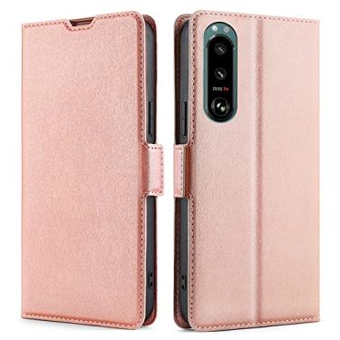 Imagem de DENSUL Capa de couro para Sony Xperia 5 IV, carteira com suporte de livro, visualização magnética, protege o slot de cartão do telefone proteção contra quedas, rosa