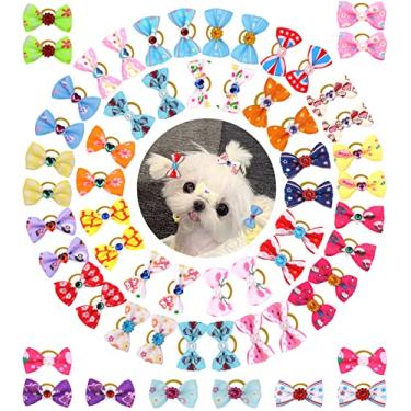 Imagem de Presilhas de cabelo para filhotes com faixas de borracha, laços de cabelo pequenos de strass, presilhas de cabelo com nó de topknot para festa de aniversário de gatos e filhotes, acessórios de cabelo feitos à mão, produtos para cuidados de animais de estimação, 30 pares