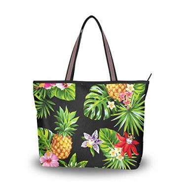 Imagem de Bolsa sacola com estampa tropical em bolsa de ombro preta para mulheres e meninas, Multicolorido., Medium