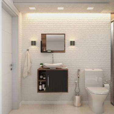 Imagem de Conjunto para Banheiro Gabinete com Cuba Folha L38 e Espelheira Soft 600  Nogal com Preto Ônix