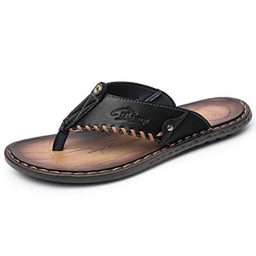 Imagem de MXTSH Chinelo masculino casual de couro para casa chinelos masculinos com sola de borracha, Chinelos pretos, 42