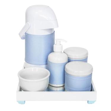 Imagem de Kit Higiene Espelho Completo Porcelanas, Garrafa E Capa Azul Quarto Be