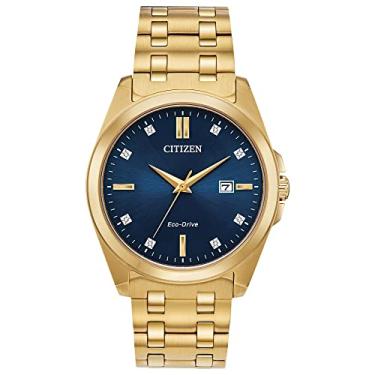 Imagem de Citizen Relógio masculino clássico Peyton Eco-Drive com 3 ponteiros, data, cristal de safira, marcadores de diamante, Tom dourado/mostrador azul, One Size, Moderno
