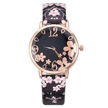 Imagem de YingHwa Relógio feminino retrô com pulseira de flores, moda casual, relógio de pulso feminino com mostrador de flores relógio de quartzo de couro, Preto