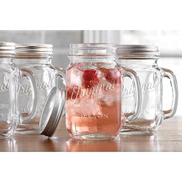 Imagem de Conjunto de 4 canecas de vidro com alça e tampa Mason Jar de 473 ml - Home Essentials & Beyond - Conjunto de copos de vidro antiquado original Mason Jar tamanho de uma cerveja.