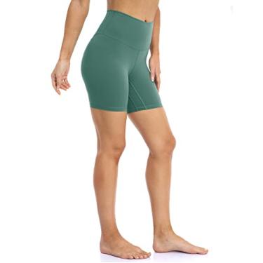 Imagem de YUNOGA Short feminino de cintura alta para ioga com costura interna de 15 cm, shorts de motociclista atlético, Beryl Green, M