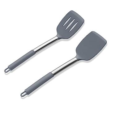 Imagem de Conjunto de 2 espátulas de silicone, espátulas E-far sólidas e ranhuradas para panelas antiaderentes, utensílios de cozinha de borracha resistentes ao calor para virar peixe panqueca ovo - cinza