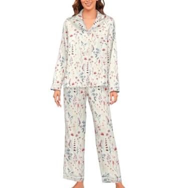 Imagem de JUNZAN Conjunto de pijama de cetim aquarela flores silvestres para mulheres manga longa 2 peças pijama de botão feminino conjuntos bege, Aquarela, flores silvestr, GG