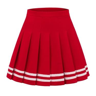Imagem de DRESS NICES Saia feminina plissada evasê curta mini saia básica uniforme escolar saia de líder de torcida saia patinadora, Faixa vermelha e branca, M