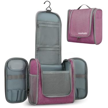 Imagem de WOOMADA Bolsa de higiene para mulheres, resistente à água, bolsa de maquiagem com gancho de metal para pendurar, 7 compartimentos organizadores, bolsa organizadora de maquiagem de tamanho completo