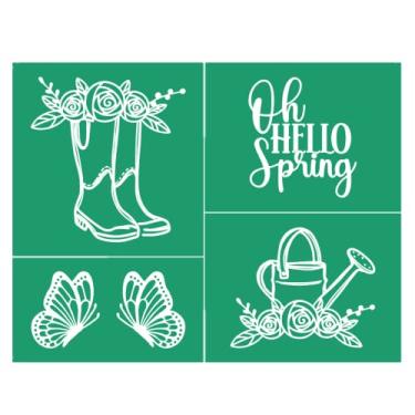 Imagem de JAJADO Hello Spring Estêncil de seda reutilizável, estêncil autoadesivo para decoração de flores, jardim, transferências de malha, pasta de giz para pintura em madeira/tela/camiseta/janelas/parede/quadro-negro