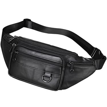 Imagem de Pochete de couro legítimo, feita à mão, durável, bolsa de cintura com muitos bolsos com zíper antirroubo, Preto, SMALL