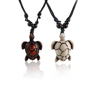 Imagem de 2 colares com pingente de tartaruga marinha esculpida em osso artificial - Colar de medalhão de tartaruga Yin Yang - Amuleto de mascote da sorte de animal havaiano para mulheres e homens, Metal, osso