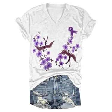 Imagem de PKDong Camisetas femininas de conscientização de Alzheimer estampadas florais flores roxas camisetas com gola V camisetas de verão modernas, Branco, P