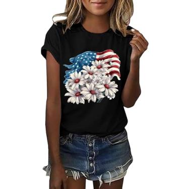 Imagem de Camiseta feminina com bandeira da América, roupa do Memorial Day, camiseta feminina vermelha e azul, Preto, P