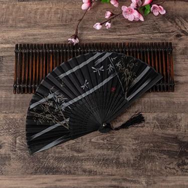 Imagem de YQHWLKJ Ventilador dobrável estilo chinês vintage, ventiladores de mão de pano de bambu, decoração de casa, presentes de casamento, festa de dança, ventiladores portáteis