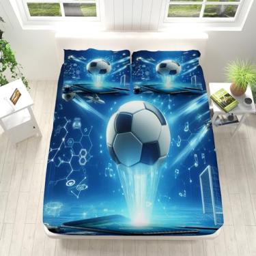 Imagem de Jogo de cama Queen azul com estampa de futebol esportivo de microfibra 40,6 cm com bolsos profundos, lençol de cima com 2 fronhas para meninas, meninos e crianças