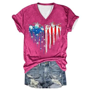 Imagem de Camisa Patriótica Feminina Bandeira Americana Coração Gráfico Engraçado Túnica Dia da Independência 4 de Julho Top Blusa Casual Verão, Rosa choque, GG