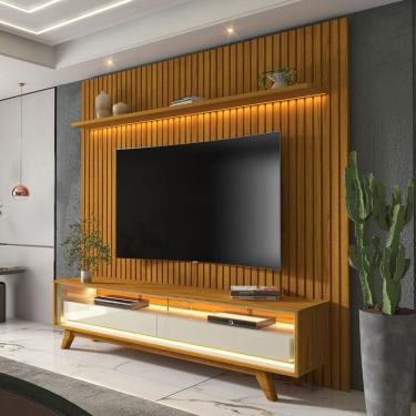 Imagem de Rack com Painel para TV Até 85 Polegadas Requinte Nobre 2 Gavetas Ripado 100% Mdf com Led Naturale/Off White - Gelius