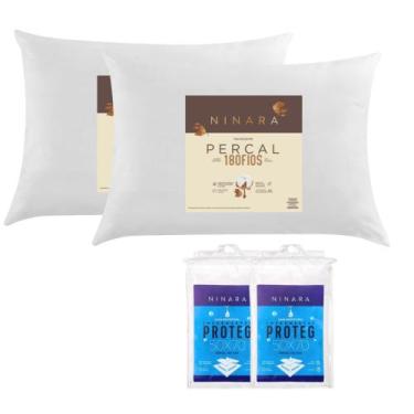 Imagem de Kit 2 Travesseiro Percal 180 Fios 50x70 Branco Ninara e 2 Capa Proteto