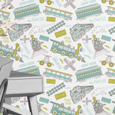 Imagem de Papel De Parede Adesivo Lavável Desenho Vintage Trens Azuis - PAPELEPA