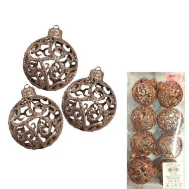 Imagem de Decoração Natalina Para Árvore Bolas Arabesco Vazada Rose Gold Com 8 U