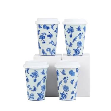 Imagem de meicilin Conjunto de 4 canecas de café de cerâmica de 4 canecas de café retrô azuis e brancas feitas à mão para chá, leite, lava-louças e micro-ondas, capa de silicone macio para presente grátis e