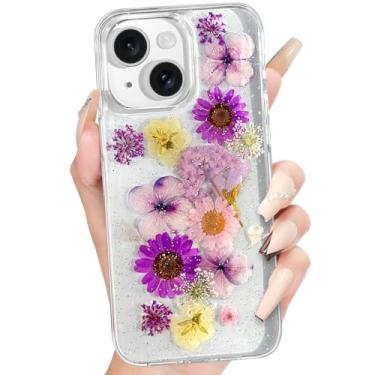 Imagem de Loheckle Capa feminina para iPhone 15 Plus - Capa para celular feminina fofa com glitter flor seca floral estética Kawaii brilhante brilhante design exclusivo feito à mão para Apple 15 Plus 6,7