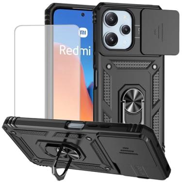 Imagem de Yodueiv Capa para Redmi 12, capa para Redmi Note 12R/Poco M6 Pro com protetor de tela de vidro temperado e capa de câmera deslizante, anel magnético para carro capa protetora para Xiaomi Redmi 12