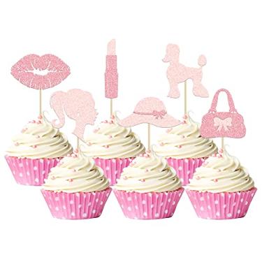 Imagem de Gyufise 24 peças de enfeite de cupcake de princesa, chapéu com glitter, batom, salto alto, chá de bebê, palitos de cupcake, tema de princesa, chá de noiva, casamento, aniversário, festa de aniversário, decorações de