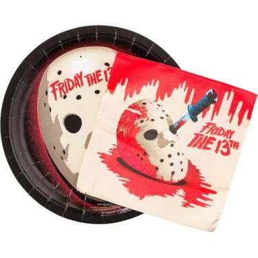 Imagem de Silver Buffalo Friday The 13th The Art Of Horror Mask W Logo And Bloody Mask 32ct Paper Guardanapos e Prato Pacote de Festa