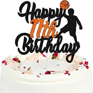 Imagem de Topo de bolo de basquete feliz 11º aniversário - decoração de festa esportiva de estrelas de basquete para meninos de onze anos - cena de jogador de basquete temática para suprimentos de festa de