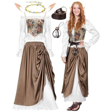 Imagem de Skicuff Conjunto de 7 peças de fantasia de fada medieval renascentista, espartilho, saia, cinto, poção, garrafa, orelhas de elfo, coroa de flores, Grinalda: amarelo, G