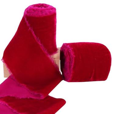 Imagem de RIBBOOO Fita de veludo rosa choque com 2 rolos – Fita de veludo de seda desfiada feita à mão com franjas de 7,6 cm com borda crua para grinaldas, buquês de flores, faixa de vestido, chás de bebê