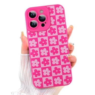 Imagem de ZIYE Capa para iPhone 13 Pro Max rosa choque flor xadrez linda capa de telefone com proteção para câmera TPU macio borracha de silicone capa protetora grade design floral mulheres meninas capas para