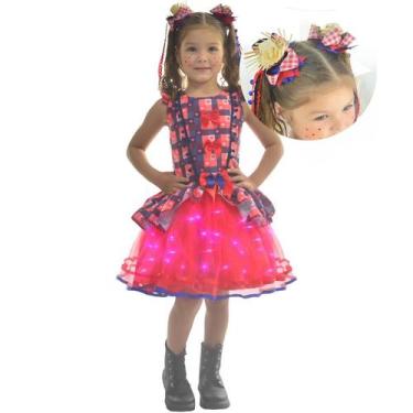 Imagem de Vestido Festa Junina Xadrez Saia Tule com LED + 2 Laço - Várias Cores 