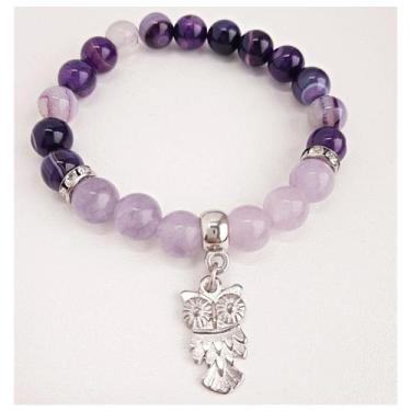 Imagem de Pulseira Ametista Ágata Roxa Jade Lilás pingente Coruja - Encanto das 