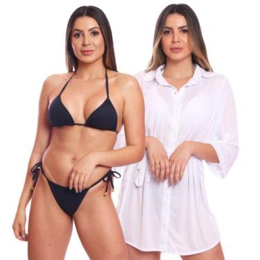 Imagem de Kit Saída de Praia Chemise Camisão Feminino + Biquini Cortininha de Am